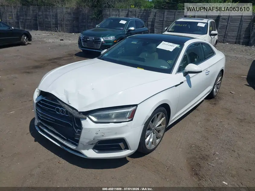 2018 Audi A5 2.0T Premium VIN: WAUPNAF58JA063610 Lot: 45511889