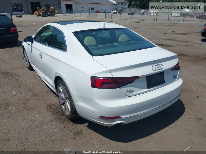 2018 Audi A5 2.0T Premium VIN: WAUPNAF58JA063610 Lot: 45511889