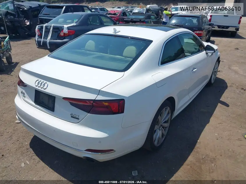 2018 Audi A5 2.0T Premium VIN: WAUPNAF58JA063610 Lot: 45511889