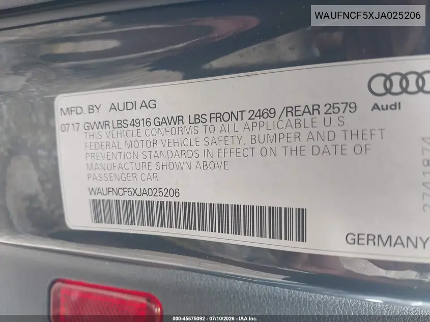 2018 Audi A5 2.0T Premium VIN: WAUFNCF5XJA025206 Lot: 45575092