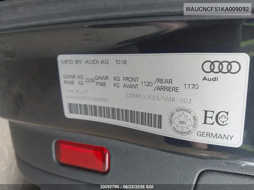 2019 Audi A5 Prestige VIN: WAUCNCF51KA009092 Lot: 30092790