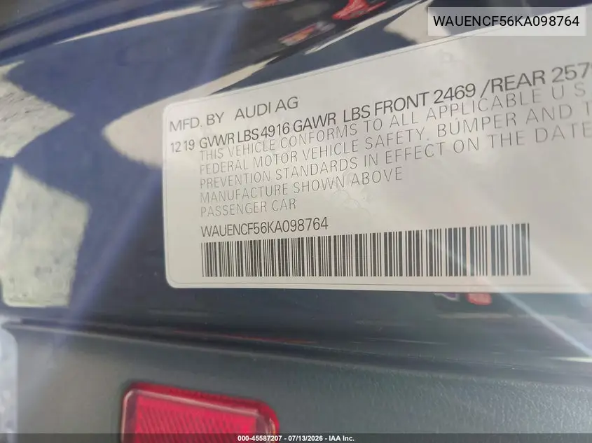 2019 Audi A5 45 Premium VIN: WAUENCF56KA098764 Lot: 45587207