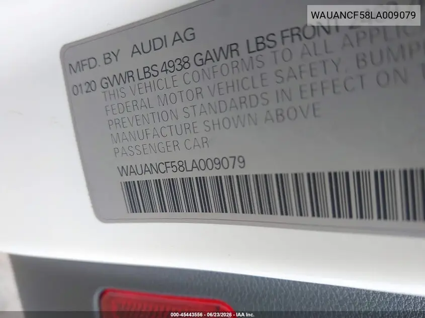 2020 Audi A5 Sportback Premium 45 Tfsi Quattro S Tronic VIN: WAUANCF58LA009079 Lot: 45443556