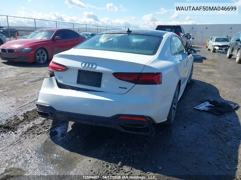 2021 Audi A5 2.0T Progressiv VIN: WAUTAAF50MA046699 Lot: 12594487