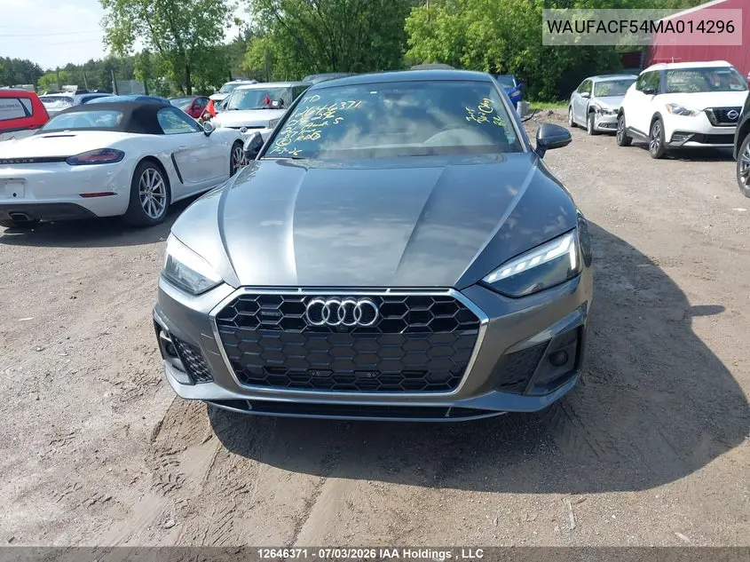 2021 Audi A5 2.0T Progressiv VIN: WAUFACF54MA014296 Lot: 12646371