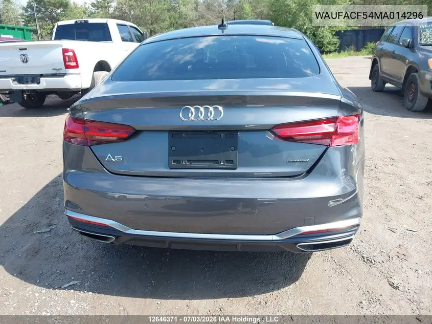 2021 Audi A5 2.0T Progressiv VIN: WAUFACF54MA014296 Lot: 12646371