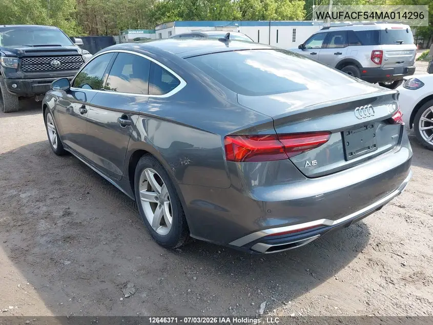 2021 Audi A5 2.0T Progressiv VIN: WAUFACF54MA014296 Lot: 12646371