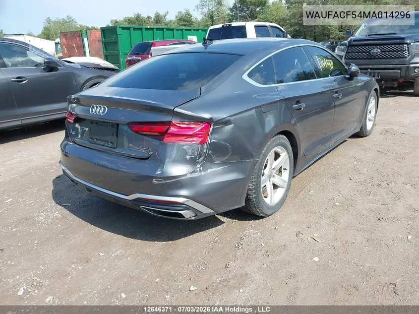 2021 Audi A5 2.0T Progressiv VIN: WAUFACF54MA014296 Lot: 12646371
