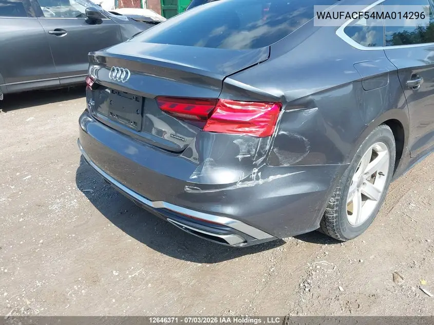 2021 Audi A5 2.0T Progressiv VIN: WAUFACF54MA014296 Lot: 12646371