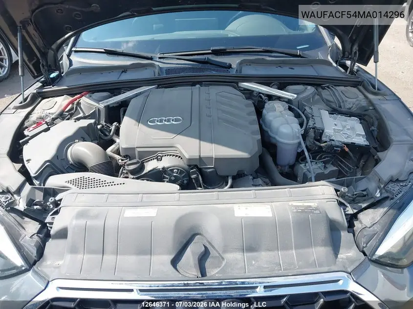 2021 Audi A5 2.0T Progressiv VIN: WAUFACF54MA014296 Lot: 12646371