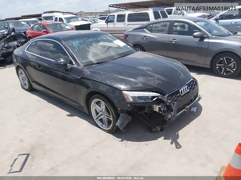 2021 Audi A5 Premium Plus 45 Tfsi Quattro S Tronic VIN: WAUTAAF53MA018671 Lot: 45500625