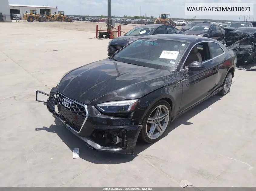 2021 Audi A5 Premium Plus 45 Tfsi Quattro S Tronic VIN: WAUTAAF53MA018671 Lot: 45500625