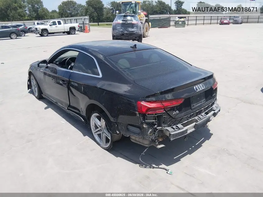 2021 Audi A5 Premium Plus 45 Tfsi Quattro S Tronic VIN: WAUTAAF53MA018671 Lot: 45500625