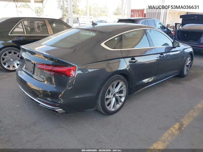 2021 Audi A5 Sportback Premium Plus 40 Tfsi Quattro S Tronic VIN: WAUCBCF53MA036631 Lot: 45503595