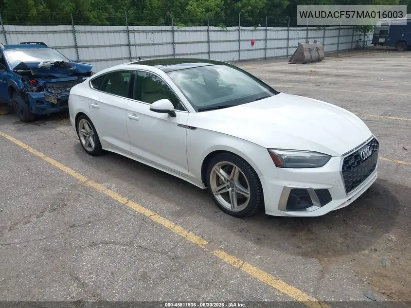 2021 Audi A5 Sportback Premium 45 Tfsi Quattro S Tronic VIN: WAUDACF57MA016003 Lot: 45511535