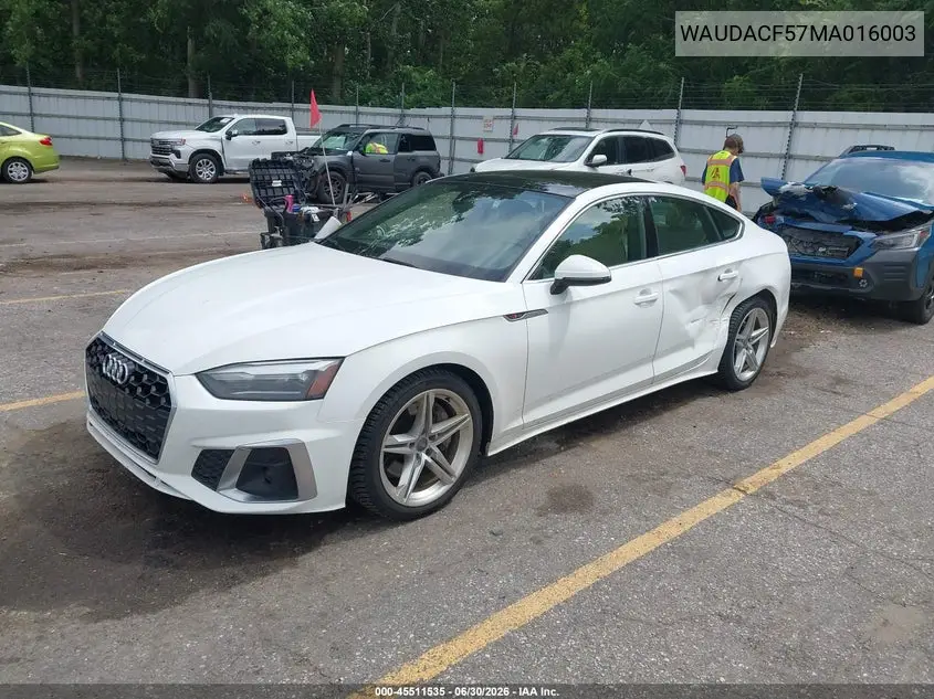 2021 Audi A5 Sportback Premium 45 Tfsi Quattro S Tronic VIN: WAUDACF57MA016003 Lot: 45511535