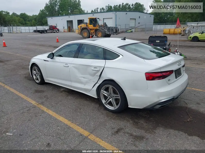 2021 Audi A5 Sportback Premium 45 Tfsi Quattro S Tronic VIN: WAUDACF57MA016003 Lot: 45511535