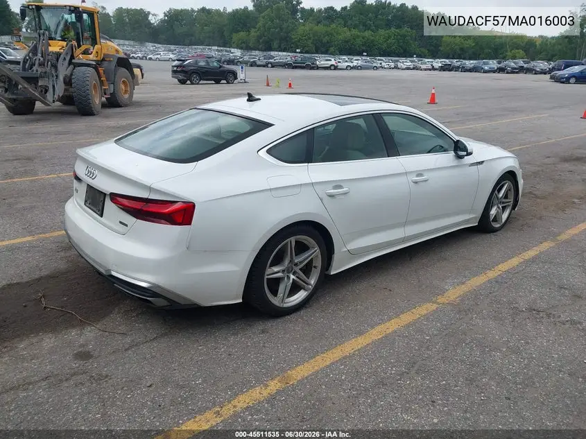 2021 Audi A5 Sportback Premium 45 Tfsi Quattro S Tronic VIN: WAUDACF57MA016003 Lot: 45511535