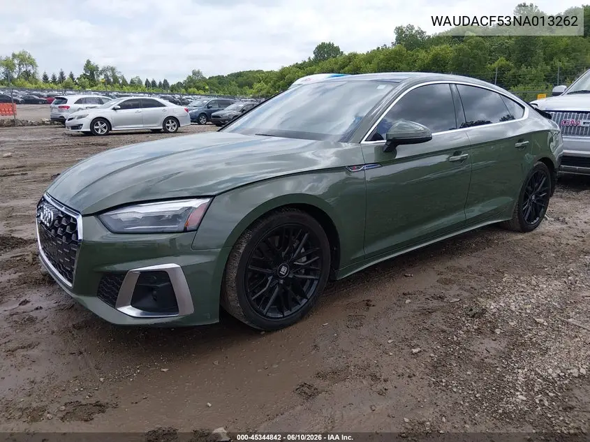 2022 Audi A5 Sportback Premium 45 Tfsi S Line Quattro S Tronic VIN: WAUDACF53NA013262 Lot: 45344842