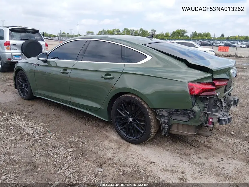 2022 Audi A5 Sportback Premium 45 Tfsi S Line Quattro S Tronic VIN: WAUDACF53NA013262 Lot: 45344842