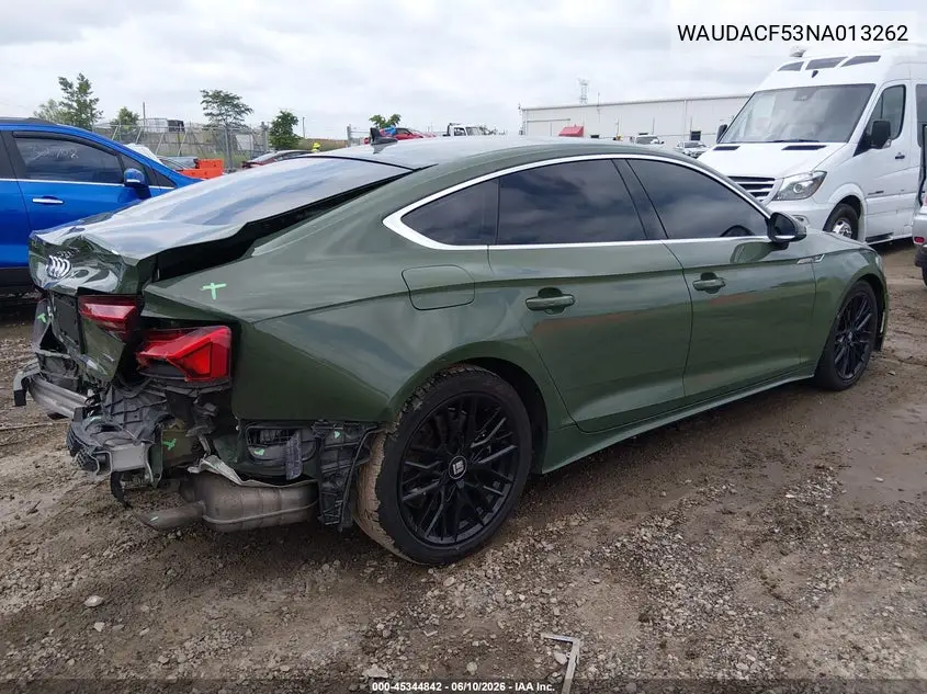 2022 Audi A5 Sportback Premium 45 Tfsi S Line Quattro S Tronic VIN: WAUDACF53NA013262 Lot: 45344842