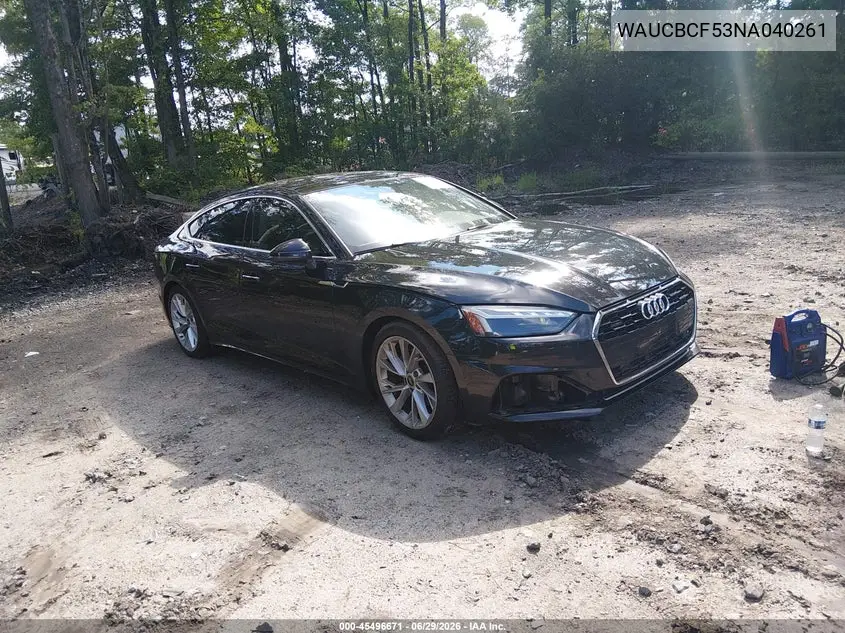 2022 Audi A5 Sportback Premium Plus 40 Tfsi Quattro S Tronic VIN: WAUCBCF53NA040261 Lot: 45496671