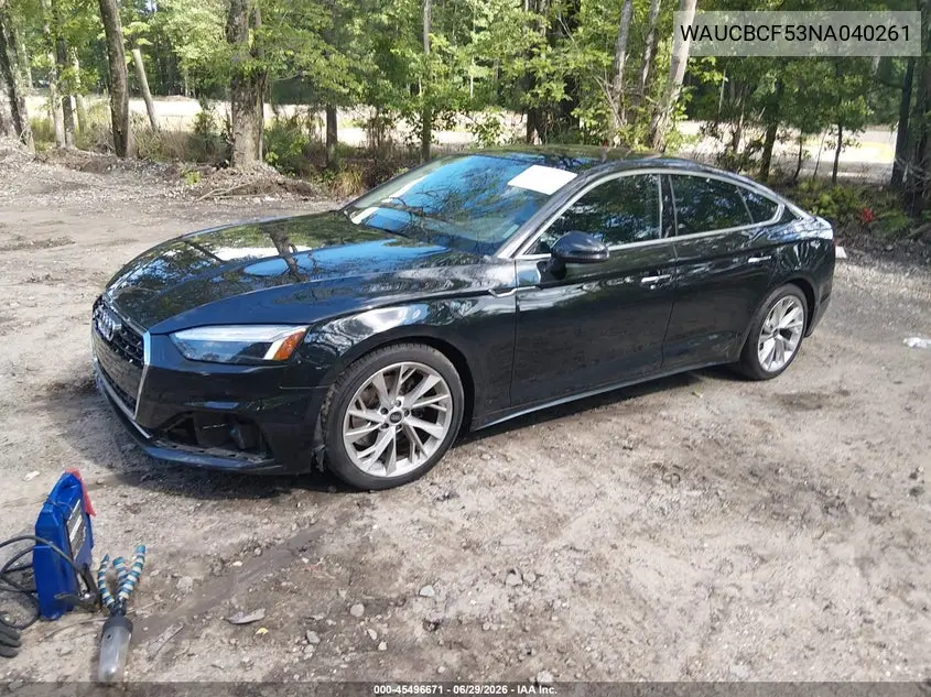 2022 Audi A5 Sportback Premium Plus 40 Tfsi Quattro S Tronic VIN: WAUCBCF53NA040261 Lot: 45496671