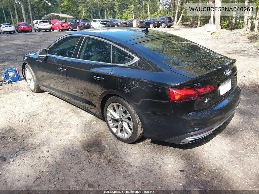 2022 Audi A5 Sportback Premium Plus 40 Tfsi Quattro S Tronic VIN: WAUCBCF53NA040261 Lot: 45496671