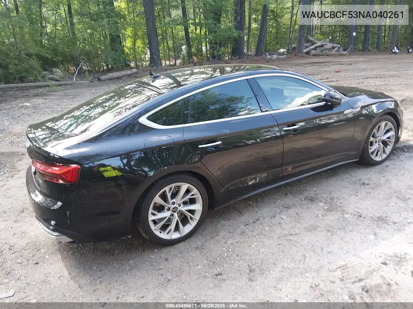 2022 Audi A5 Sportback Premium Plus 40 Tfsi Quattro S Tronic VIN: WAUCBCF53NA040261 Lot: 45496671