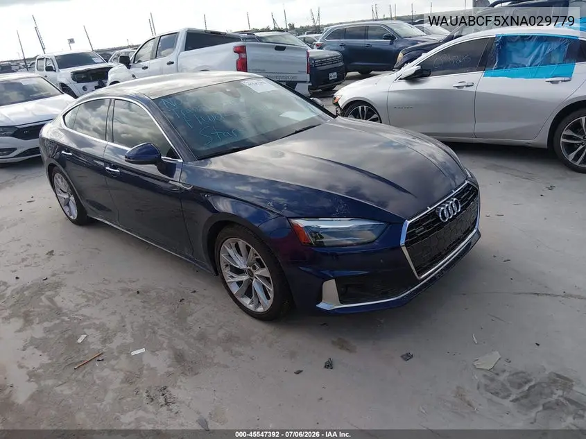 2022 Audi A5 Sportback Premium 40 Tfsi Quattro S Tronic VIN: WAUABCF5XNA029779 Lot: 45547392