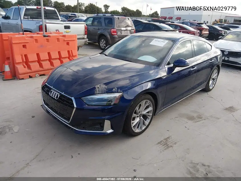 2022 Audi A5 Sportback Premium 40 Tfsi Quattro S Tronic VIN: WAUABCF5XNA029779 Lot: 45547392