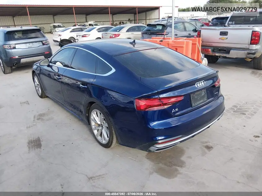 2022 Audi A5 Sportback Premium 40 Tfsi Quattro S Tronic VIN: WAUABCF5XNA029779 Lot: 45547392