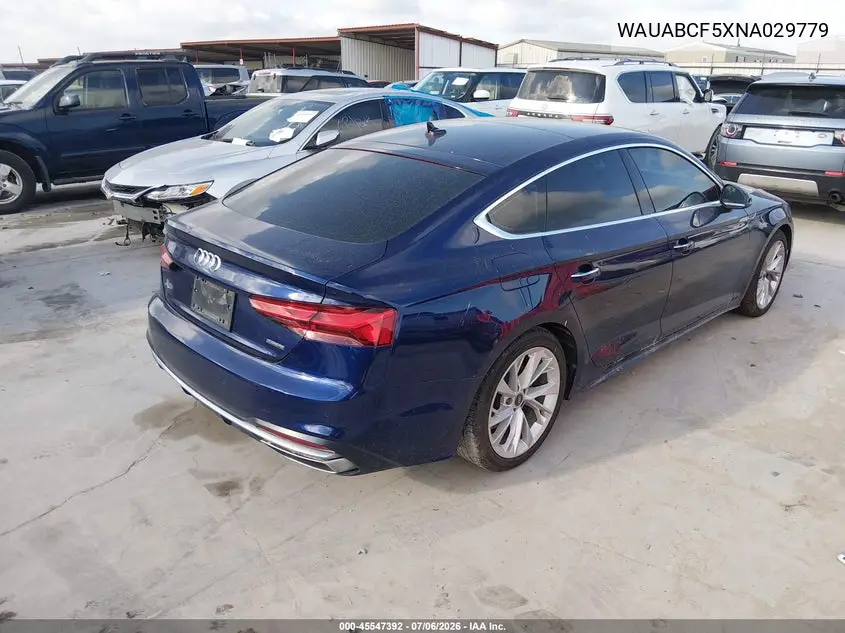 2022 Audi A5 Sportback Premium 40 Tfsi Quattro S Tronic VIN: WAUABCF5XNA029779 Lot: 45547392