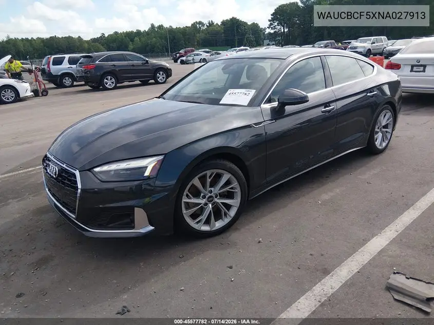 2022 Audi A5 Sportback Premium Plus 40 Tfsi Quattro S Tronic VIN: WAUCBCF5XNA027913 Lot: 45577782