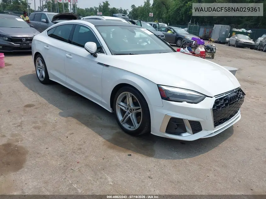 2022 Audi A5 Sportback Premium 45 Tfsi S Line Quattro S Tronic VIN: WAUDACF58NA029361 Lot: 45622343