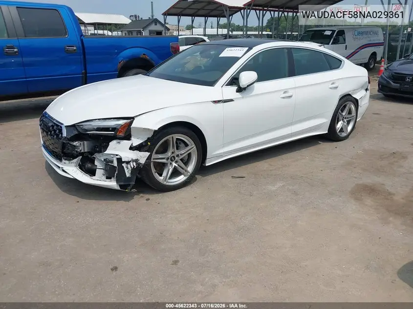 2022 Audi A5 Sportback Premium 45 Tfsi S Line Quattro S Tronic VIN: WAUDACF58NA029361 Lot: 45622343