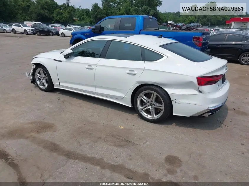 2022 Audi A5 Sportback Premium 45 Tfsi S Line Quattro S Tronic VIN: WAUDACF58NA029361 Lot: 45622343