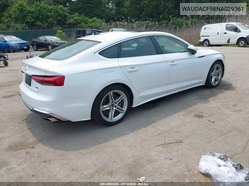 2022 Audi A5 Sportback Premium 45 Tfsi S Line Quattro S Tronic VIN: WAUDACF58NA029361 Lot: 45622343