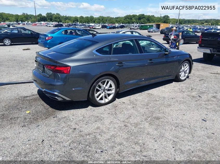2023 Audi A5 Sportback Premium Plus 45 Tfsi S Line Quattro S Tronic VIN: WAUFACF58PA022955 Lot: 45370067