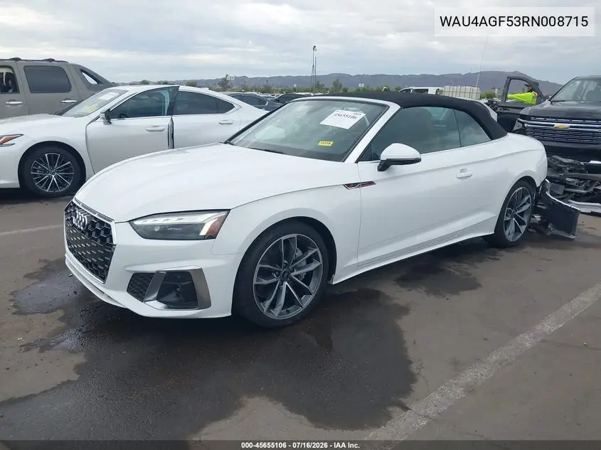 2024 Audi A5 Cabriolet Premium Plus 45 Tfsi S Line Quattro S Tronic VIN: WAU4AGF53RN008715 Lot: 45655106