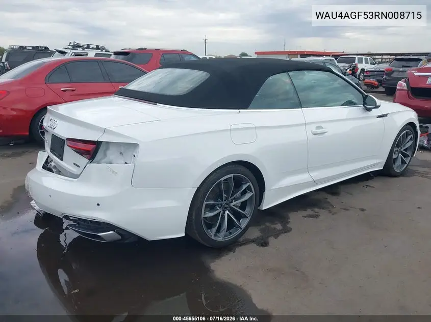2024 Audi A5 Cabriolet Premium Plus 45 Tfsi S Line Quattro S Tronic VIN: WAU4AGF53RN008715 Lot: 45655106