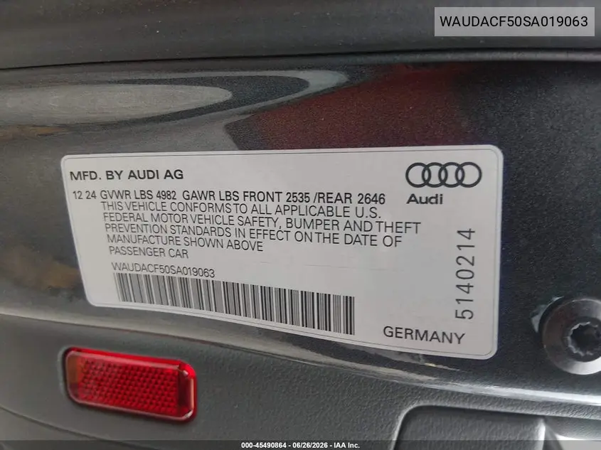 2025 Audi A5 Sportback Premium 45 Tfsi S Line Quattro S Tronic VIN: WAUDACF50SA019063 Lot: 45490864
