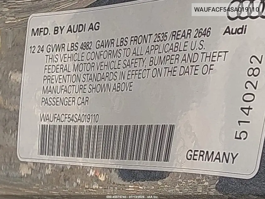 2025 Audi A5 Sportback Premium Plus 45 Tfsi S Line Quattro S Tronic VIN: WAUFACF54SA019110 Lot: 45575743