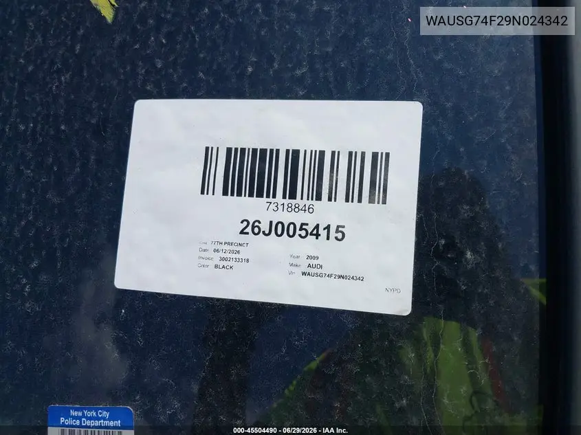 2009 Audi A6 3.0 Premium VIN: WAUSG74F29N024342 Lot: 45504490