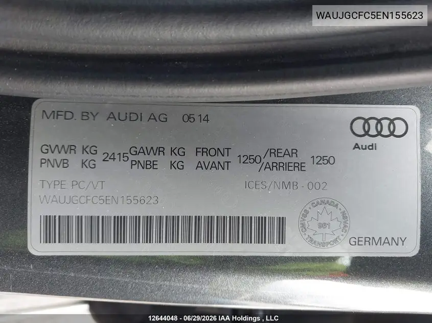 2014 Audi A6 3.0 Technik VIN: WAUJGCFC5EN155623 Lot: 12644048