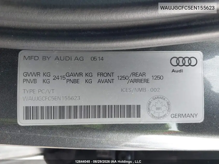 2014 Audi A6 3.0 Technik VIN: WAUJGCFC5EN155623 Lot: 12644048