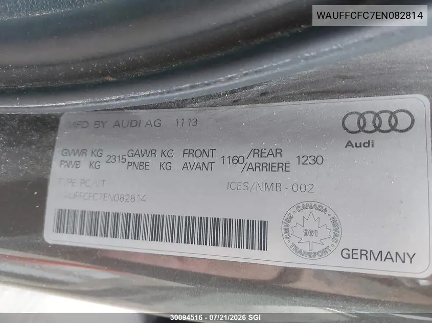 2014 Audi A6 Premium VIN: WAUFFCFC7EN082814 Lot: 30094516