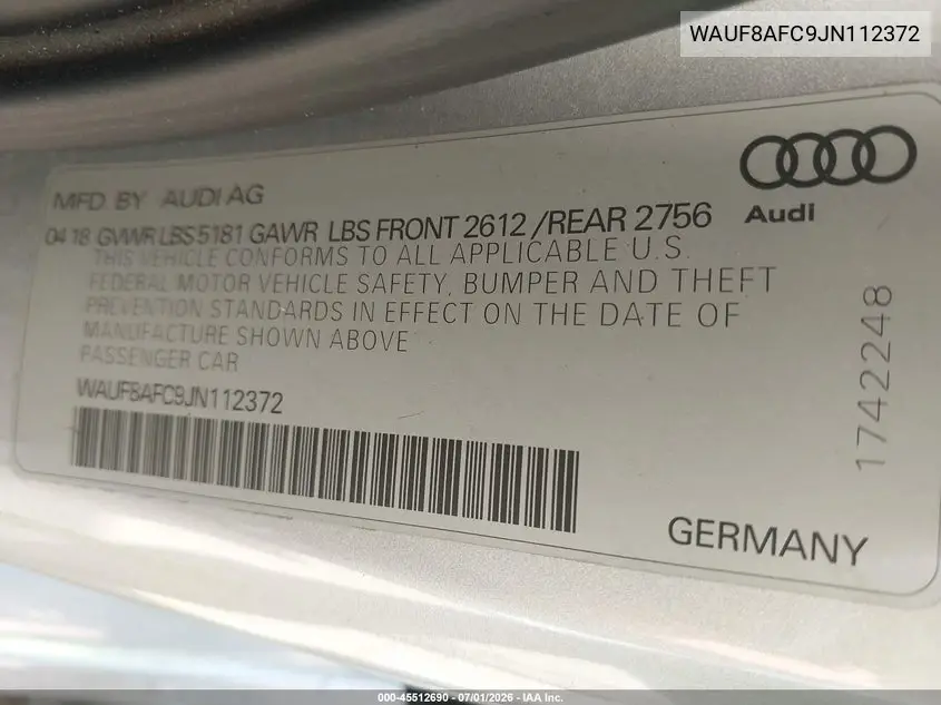 2018 Audi A6 2.0T Premium/2.0T Sport VIN: WAUF8AFC9JN112372 Lot: 45512690