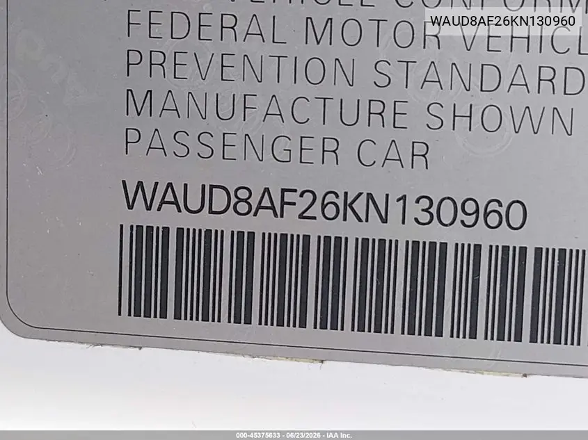 2019 Audi A6 45 Premium VIN: WAUD8AF26KN130960 Lot: 45375633