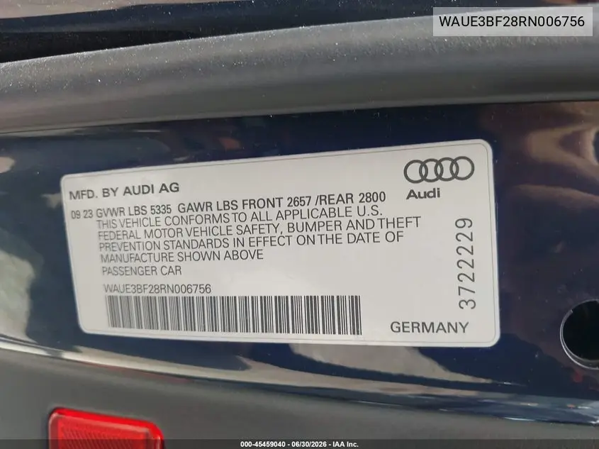 2024 Audi A6 Premium Plus 45 Tfsi Quattro S Tronic VIN: WAUE3BF28RN006756 Lot: 45459040